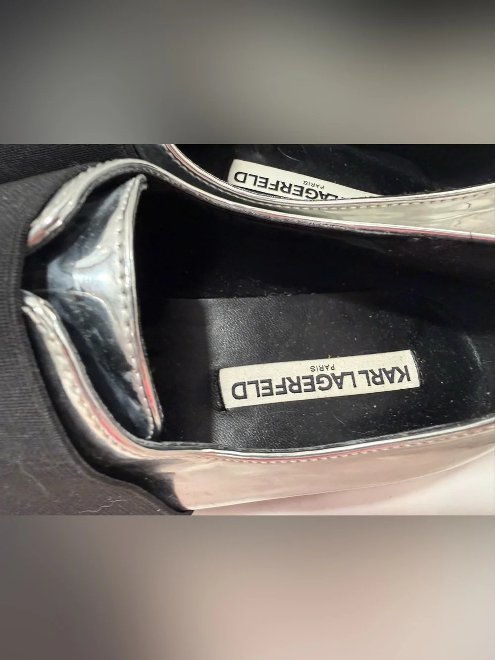 Karl Lagerfeld Paris Kristi 3 Chrome Metallic Silver Black Slip On Shoes Sz 7.5